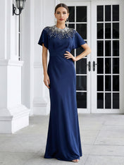 Navy Blue O Neck Short Sleeves Mermaid Satin Evening Dress with Beads