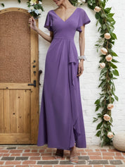 Purple Ruched V Neck Ruffle Sleeve A-Line Maxi Chiffon Bridesmaid Dress