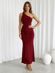 Burgundy One Shoulder Mermaid Hollowed Maxi Dress with Pleat