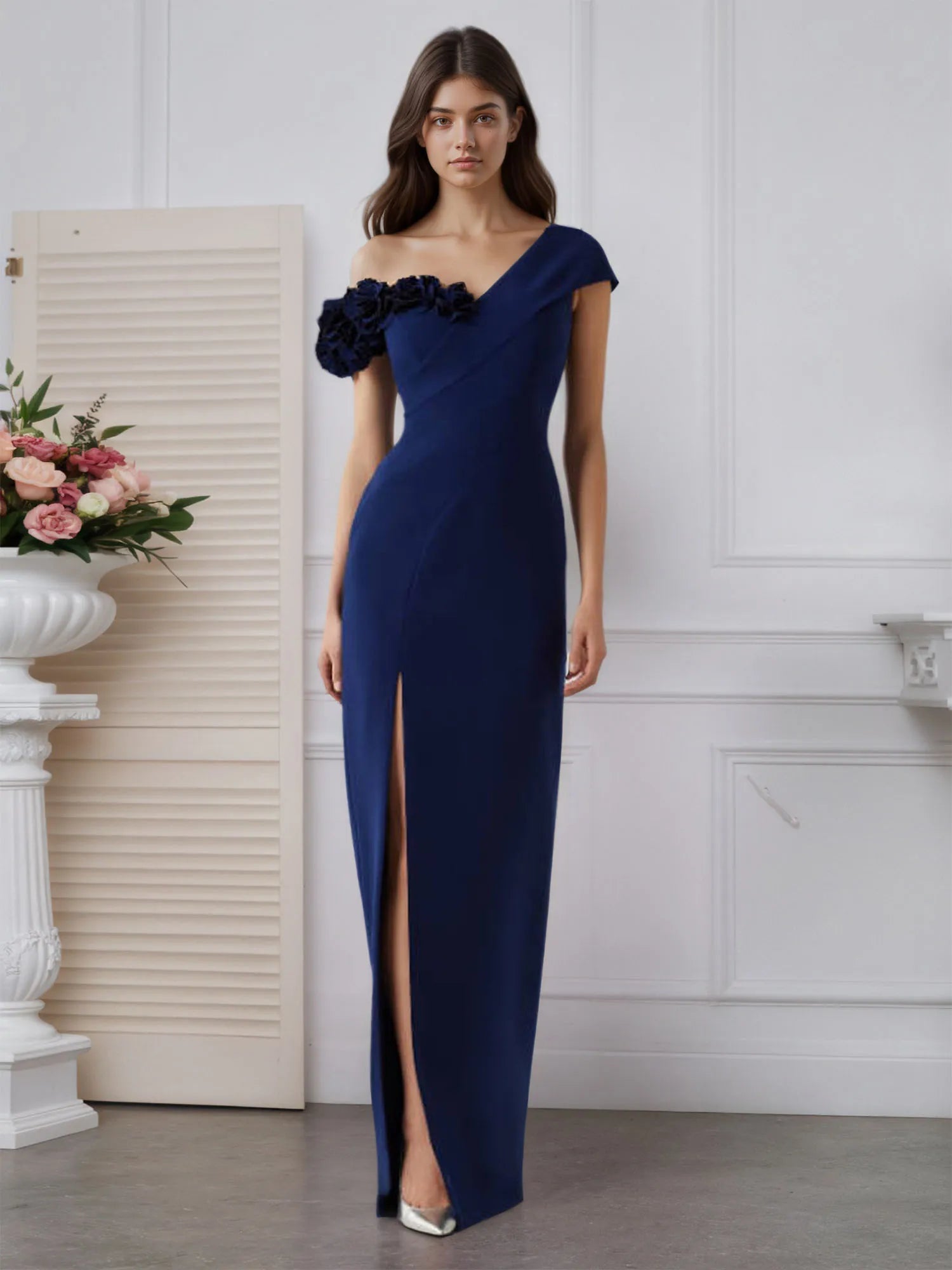 Stretch Crepe One Shoulder 3D Floral Floor-Length Evening Dress