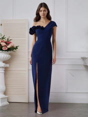 Stretch Crepe One Shoulder 3D Floral Floor-Length Evening Dress