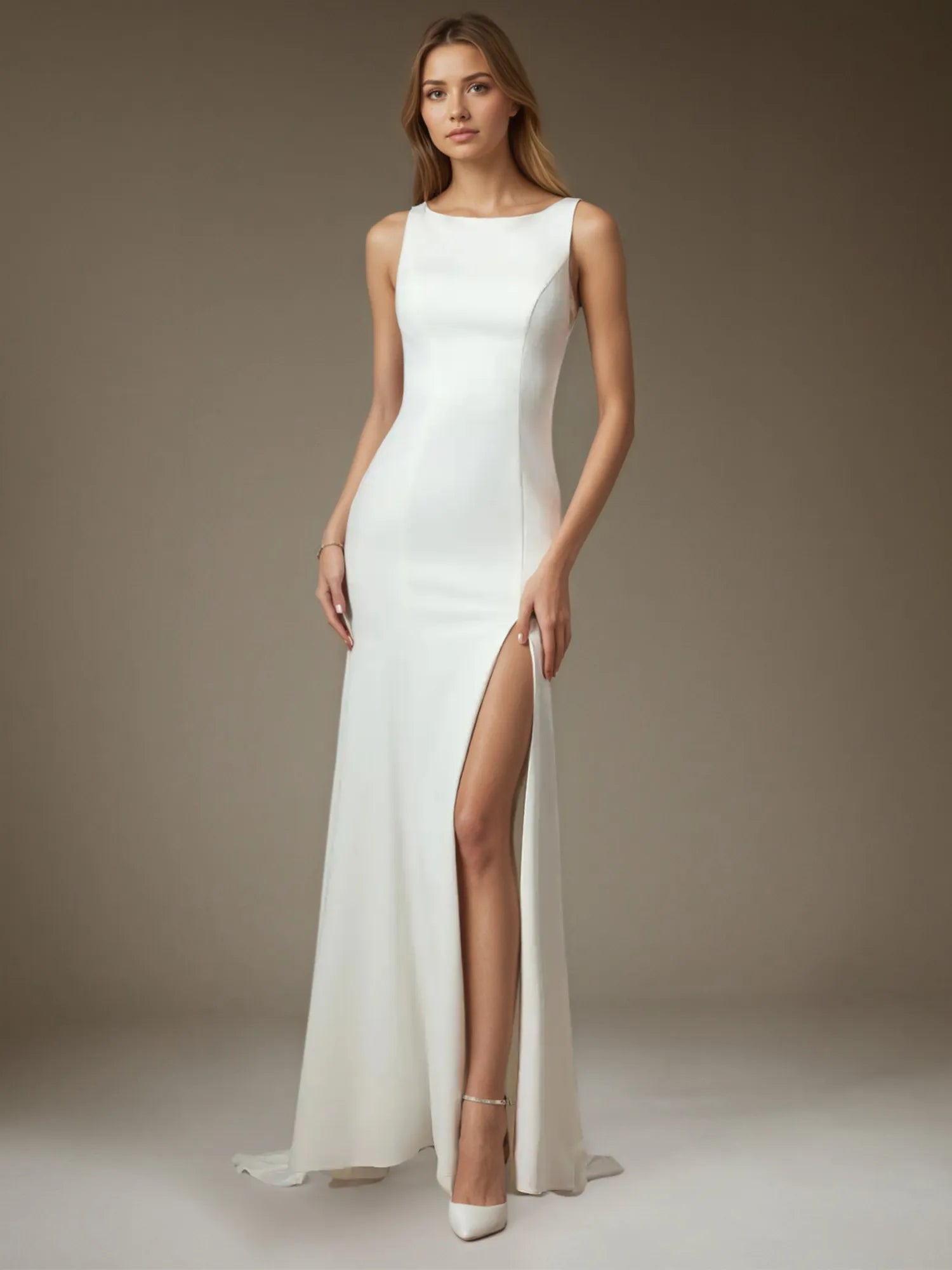 White Champagne Mermaid Side Slit Tulle Wedding Dress