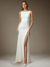 White Champagne Mermaid Side Slit Tulle Wedding Dress