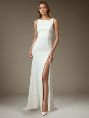 White Champagne Mermaid Side Slit Tulle Wedding Dress