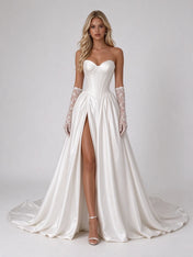Strapless Corset Satin Ball Gown Wedding Dress with High Slit and Lace Gloves