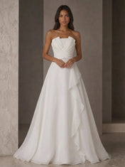 Ivory Strapless Pleated Ruffled A-Line Evening Dress