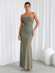 Sage Green One Shoulder Chiffon Mermaid Maxi Dress with Pleat