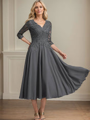 A-line V-Neck Tea-Length Chiffon Lace Mother of the Bride Dress With Beading Sequins