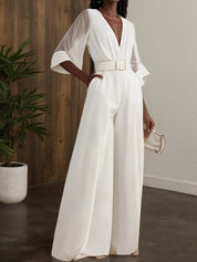 White Mesh V Neck Half Sleeve Plain Wide-Leg Jumpsuit With Belt