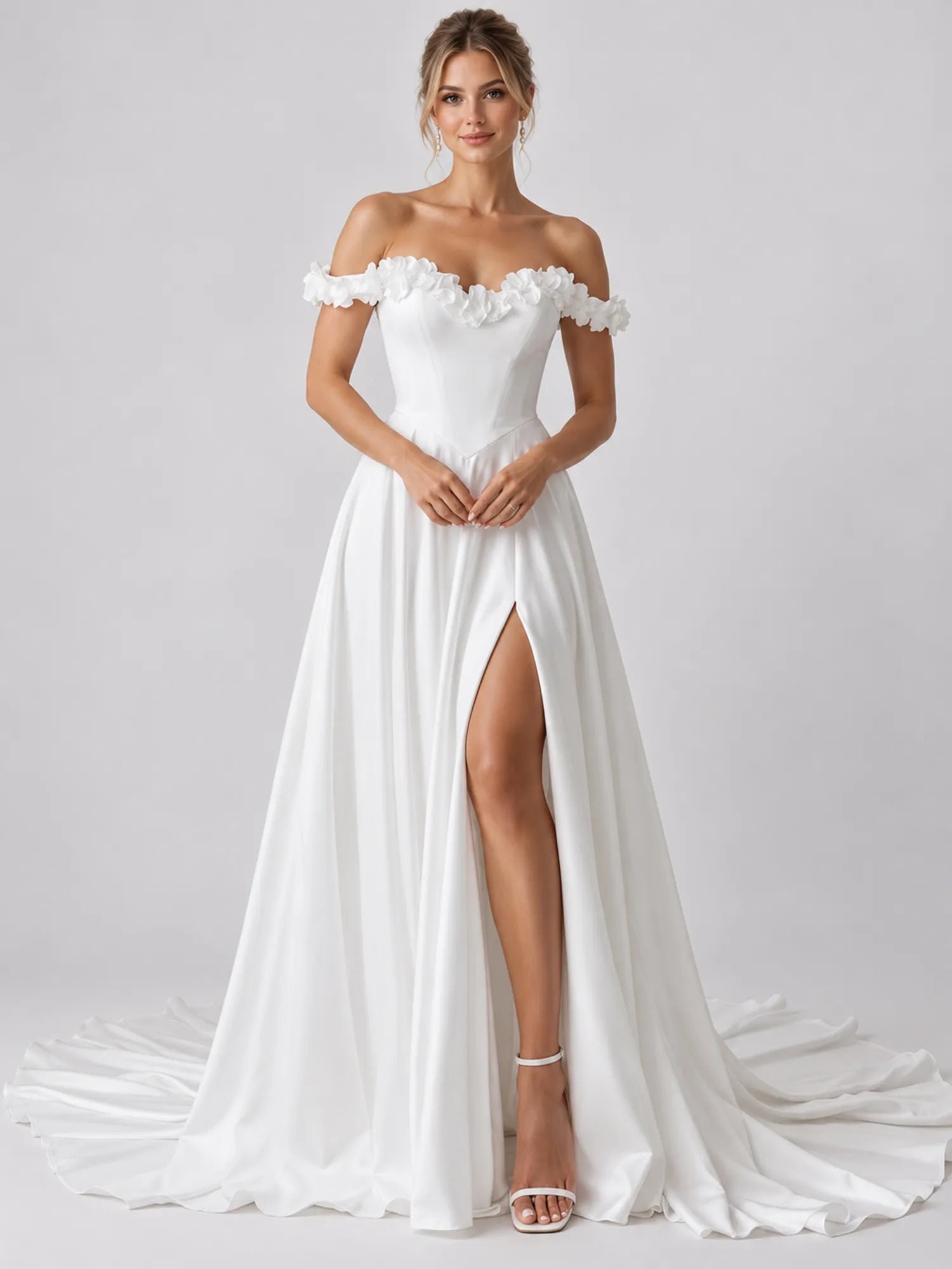White Off-the-Shoulder Beaded Floral Applique Wedding Dress