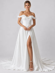 White Off-the-Shoulder Beaded Floral Applique Wedding Dress