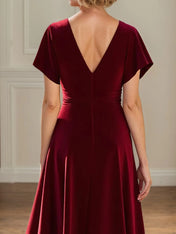 A Line V Neck Ruched Floor Length Mother of the Bride Dress
