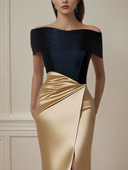 Prom Dress Satin Black&Champagne Off The Shoulder High Slit Dress