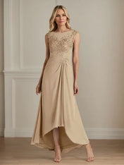 Champagne A-Line Scoop Lace Chiffon Dress