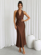 Brown V Neck Halter Neck Mermaid Ankle Length Maxi Dresses