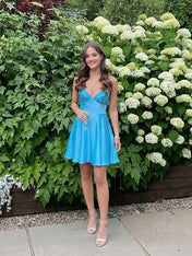 Blue A Line V-neck Beaded Back Tie Short Homecoming Mini Dress