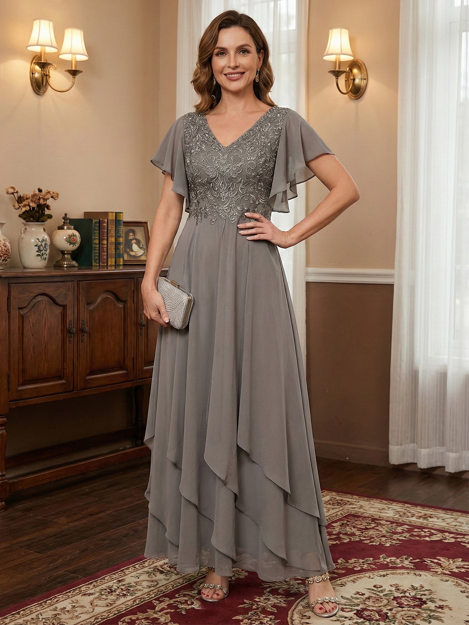 A-line V-Neck Ankle-Length Lace Chiffon Mother of the Bride Dress With Cascading Ruffles