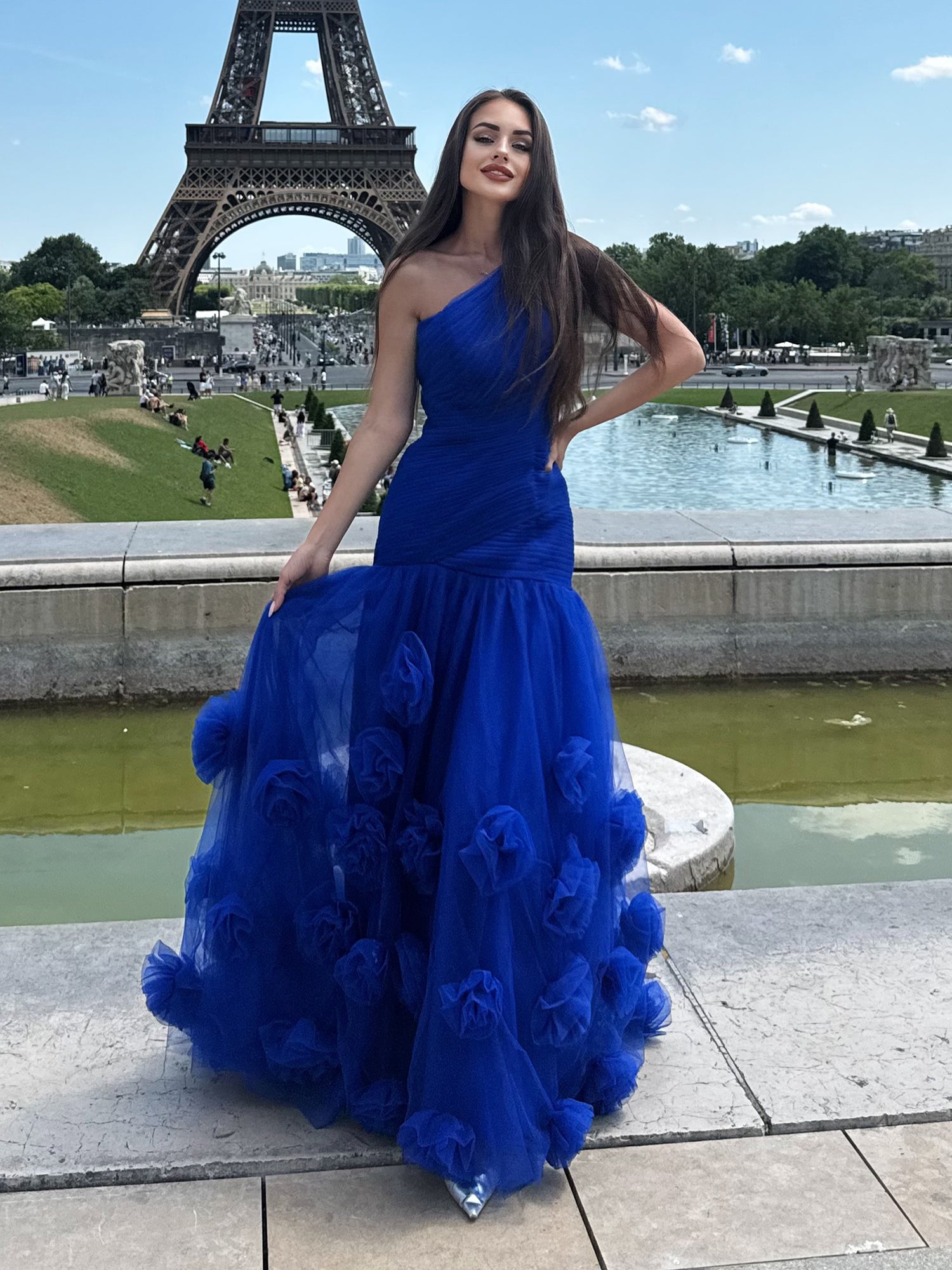 Royal Blue Sweetheart Tulle Pleat One Shoulder Mermaid Evening Dresses Gown with 3D Flower