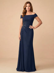 Off the Shoulder Strapless Satin Mother of the Bride Dress with Pleat