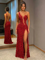 One-Shoulder 3D Floral Appliqué Mermaid Prom Dress