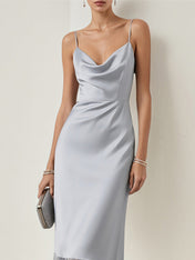 A Line Silver Satin Spaghetti Straps Sleeveless Floor Length Dress With Sequins