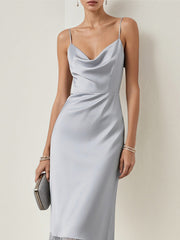 A Line Silver Satin Spaghetti Straps Sleeveless Floor Length Dress With Sequins