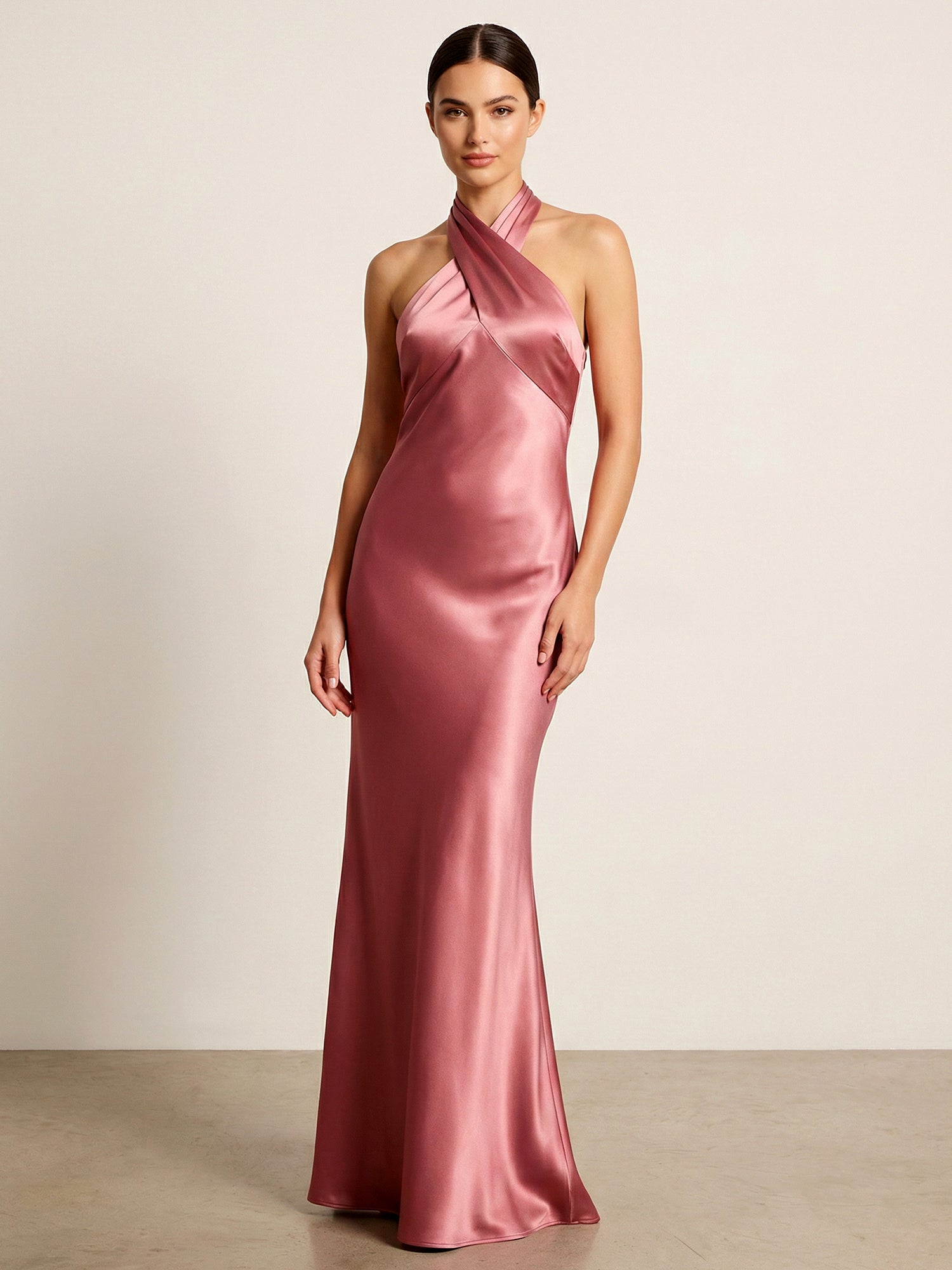 Halter Neck Satin Maxi Dresses Mermaid Backless Formal Dress