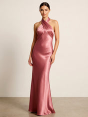 Halter Neck Satin Maxi Dresses Mermaid Backless Formal Dress