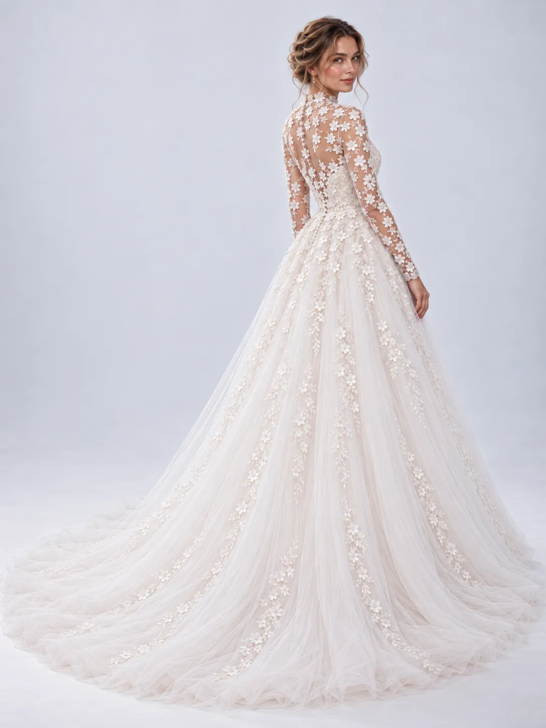 High-Neck Long-Sleeve Floral Applique Ball Gown Wedding Dress