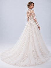 High-Neck Long-Sleeve Floral Applique Ball Gown Wedding Dress