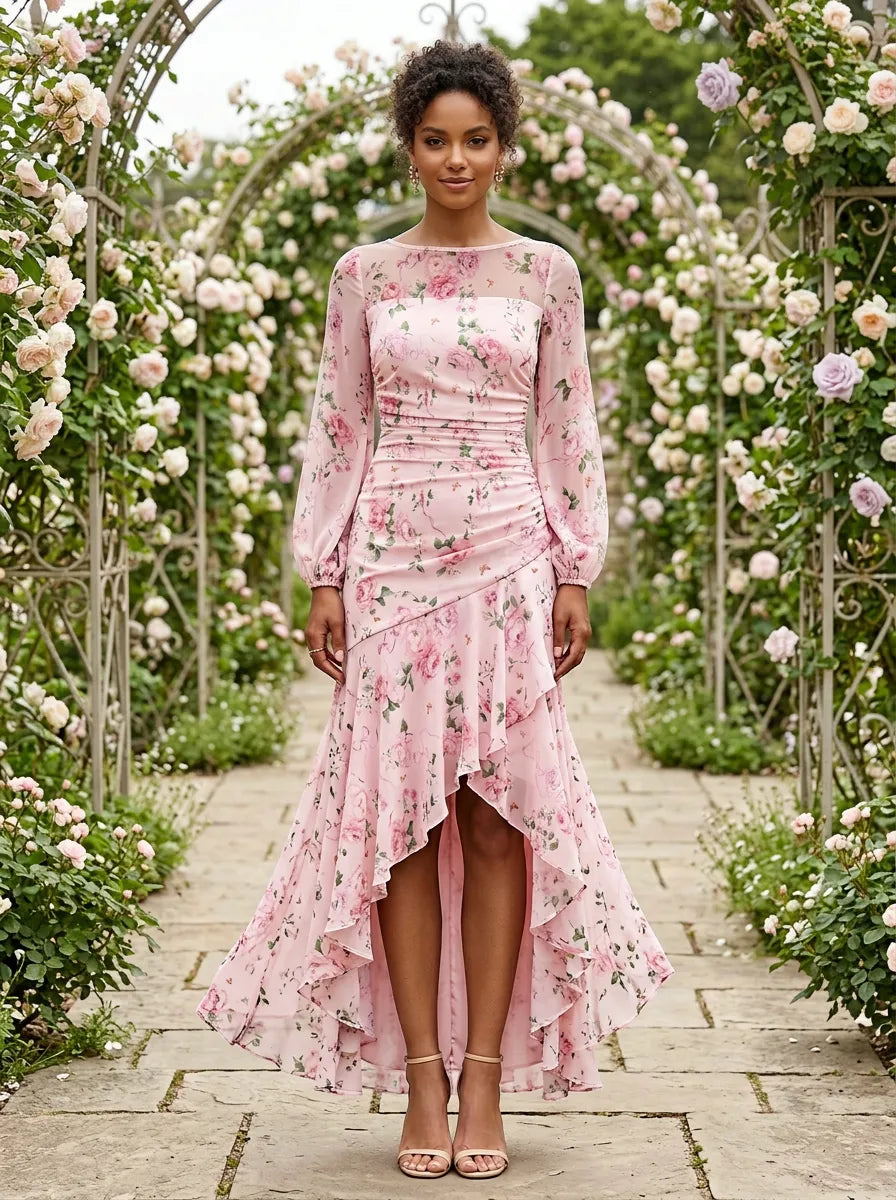 Pink Floral Long-Sleeve High-Low Ruffle Evening Dress