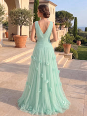 V-Neck Bow-Embellished Tulle A-Line Evening Dress with 3D Florals and High Slit