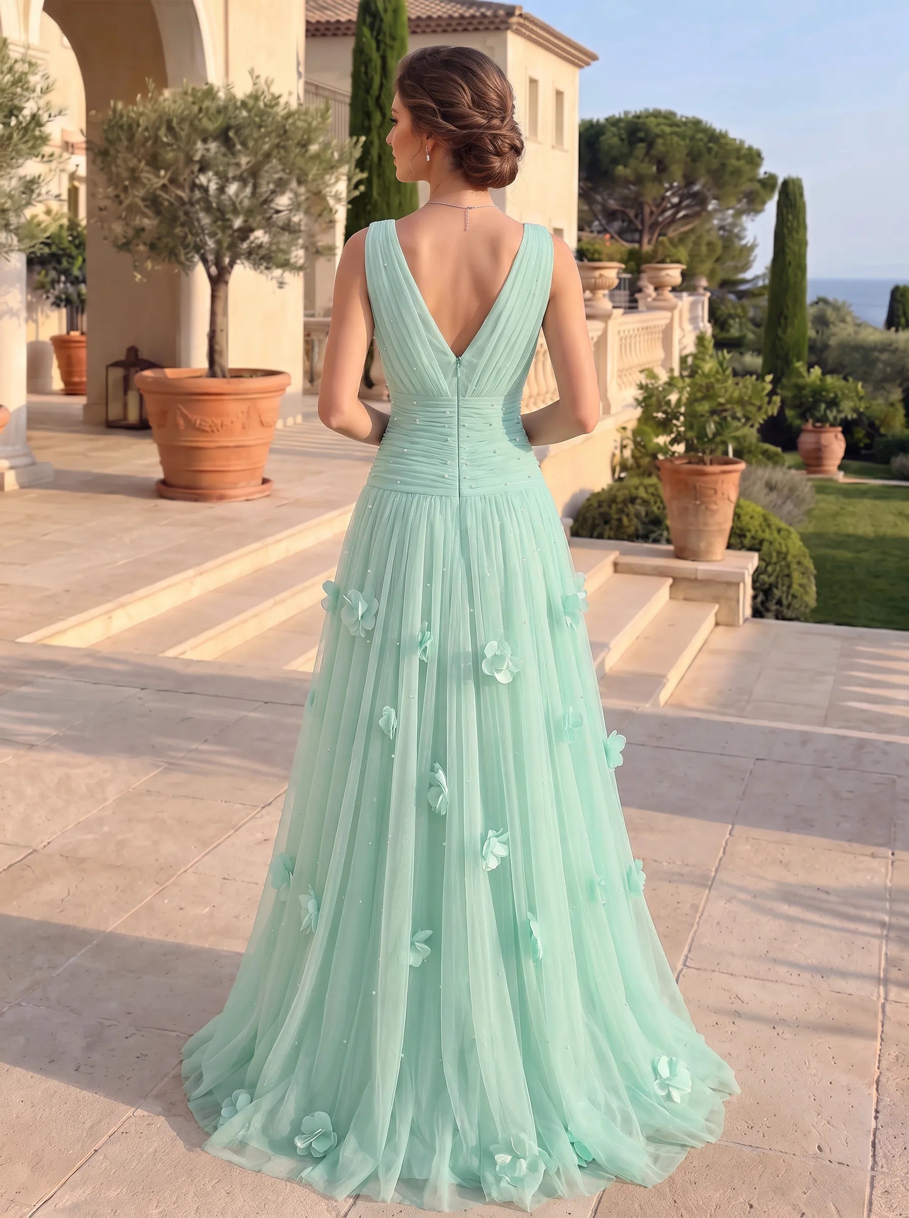 V-Neck Bow-Embellished Tulle A-Line Evening Dress with 3D Florals and High Slit