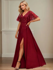 A-line V-Neck Floor-Length Lace Chiffon Evening Dress With Sequins