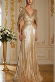 Formal Evening Fringe Dress Gold Sequin V Neck Cape Maxi Gown
