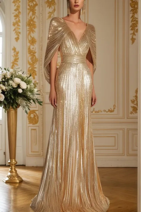 Formal Evening Fringe Dress Gold Sequin V Neck Cape Maxi Gown