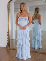 Strapless Rosette-Embellished Tiered Ruffle Prom Dress