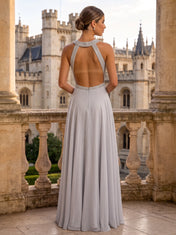 Beaded Halter Keyhole Backless Chiffon A-Line Prom Dress
