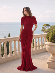 Draped Shoulder-Cape Wine Red Chiffon Floor-Length Evening Dresses with Ruched Back