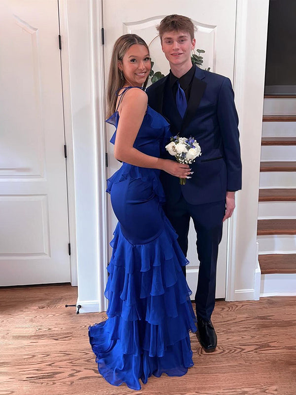 Fuchsia Mermaid Spaghetti Straps Ruffles Long Prom Party Dress