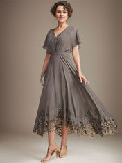 A-line V-Neck Asymmetrical Lace Chiffon Mother of the Bride Dress With Pleated