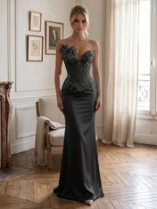 Strapless Beaded Floral-Accented Column Prom Dress