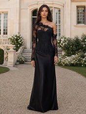 One-Shoulder Sheer Lace Long Sleeve Evening Dress