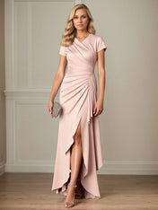 Ruched Satin Sheath/Column Satin Mother of the Bride Dress with Slit
