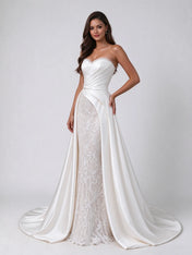 Strapless Pleated Satin and Lace Overlay Column Wedding Dress with Sweep Train