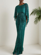 Green Sequin Dolman Sleeve Sheath Maxi Dress