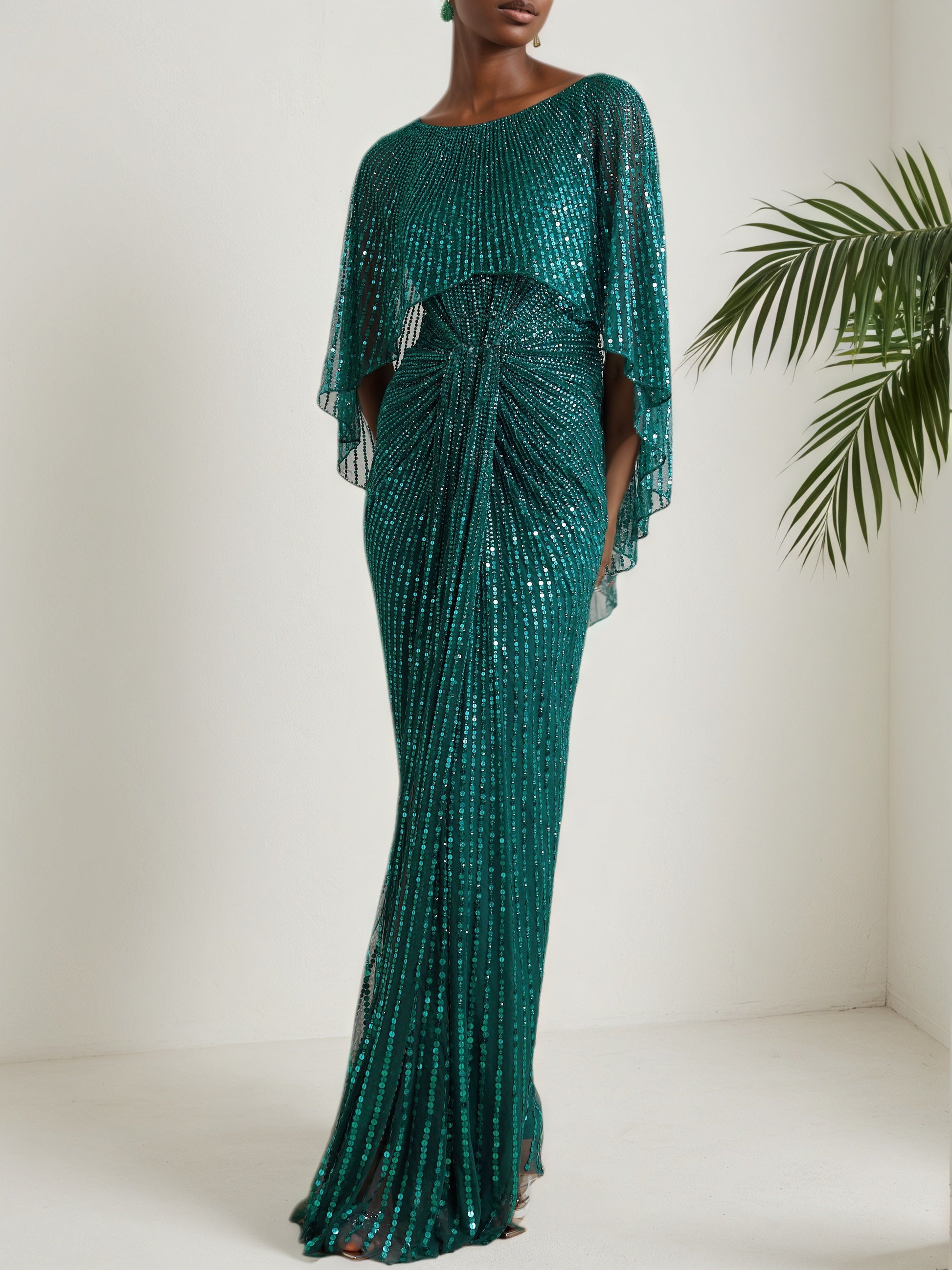 Green Sequin Dolman Sleeve Sheath Maxi Dress