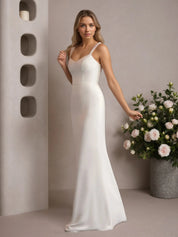 White Sheath V-Neck Chiffon Wedding Dress