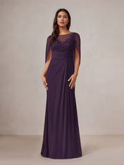 Plum Sheath/Column Chiffon Boat Neck Floor Length Mother of the Bride Dress