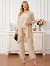 Sequin Patterned Round Neck Sleeveless Straight-Leg  Mother of the Bride Pant Set